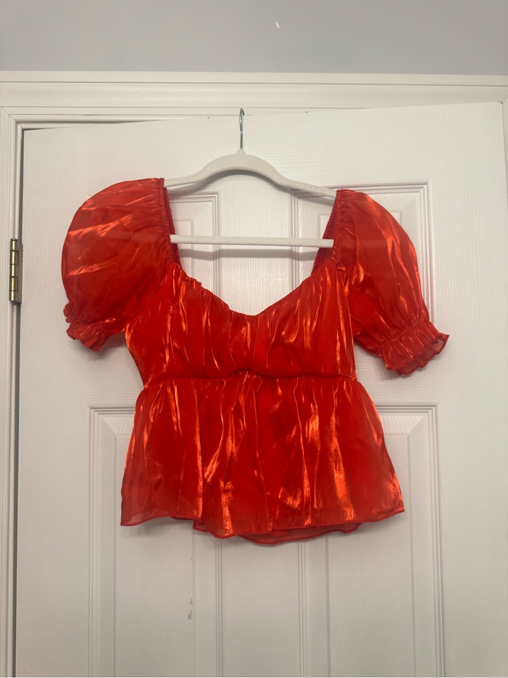 Satin Puff Sleeve Red Peplum Blouse